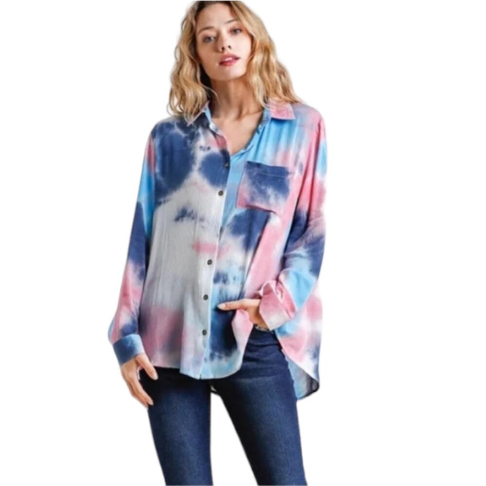 Umgee HIDDEN GEM TIE DYE BLOUSE, NAVY PINK Size Small